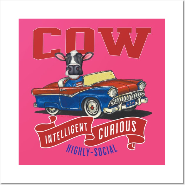 Funny and cute cow in a vintage classic retro car with red white and blue banner with personality traits tee Wall Art by Danny Gordon Art